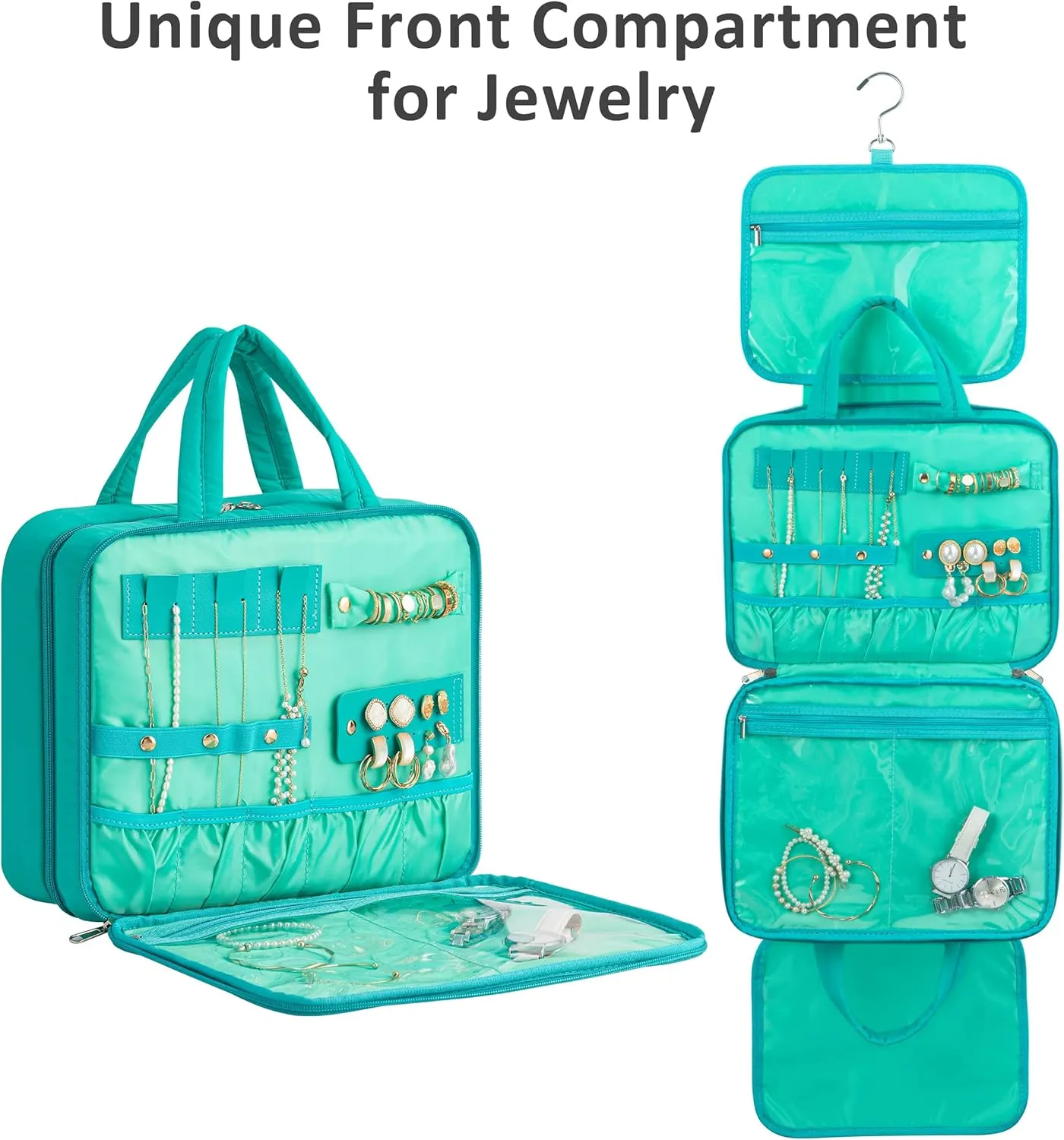 HBlife Travel Toiletry Bag with Jewelry Organizer for Women, Puffy Hanging Travel Bag for Toiletries with Trolley Belt, Waterproof Makeup Cosmetic Bag Organizer, Travel Accessories Essentials(Teal, M)