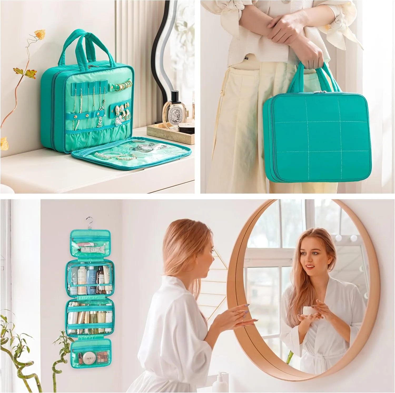 HBlife Travel Toiletry Bag with Jewelry Organizer for Women, Puffy Hanging Travel Bag for Toiletries with Trolley Belt, Waterproof Makeup Cosmetic Bag Organizer, Travel Accessories Essentials(Teal, M)