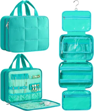 HBlife Travel Toiletry Bag with Jewelry Organizer for Women, Puffy Hanging Travel Bag for Toiletries with Trolley Belt, Waterproof Makeup Cosmetic Bag Organizer, Travel Accessories Essentials(Teal, M)