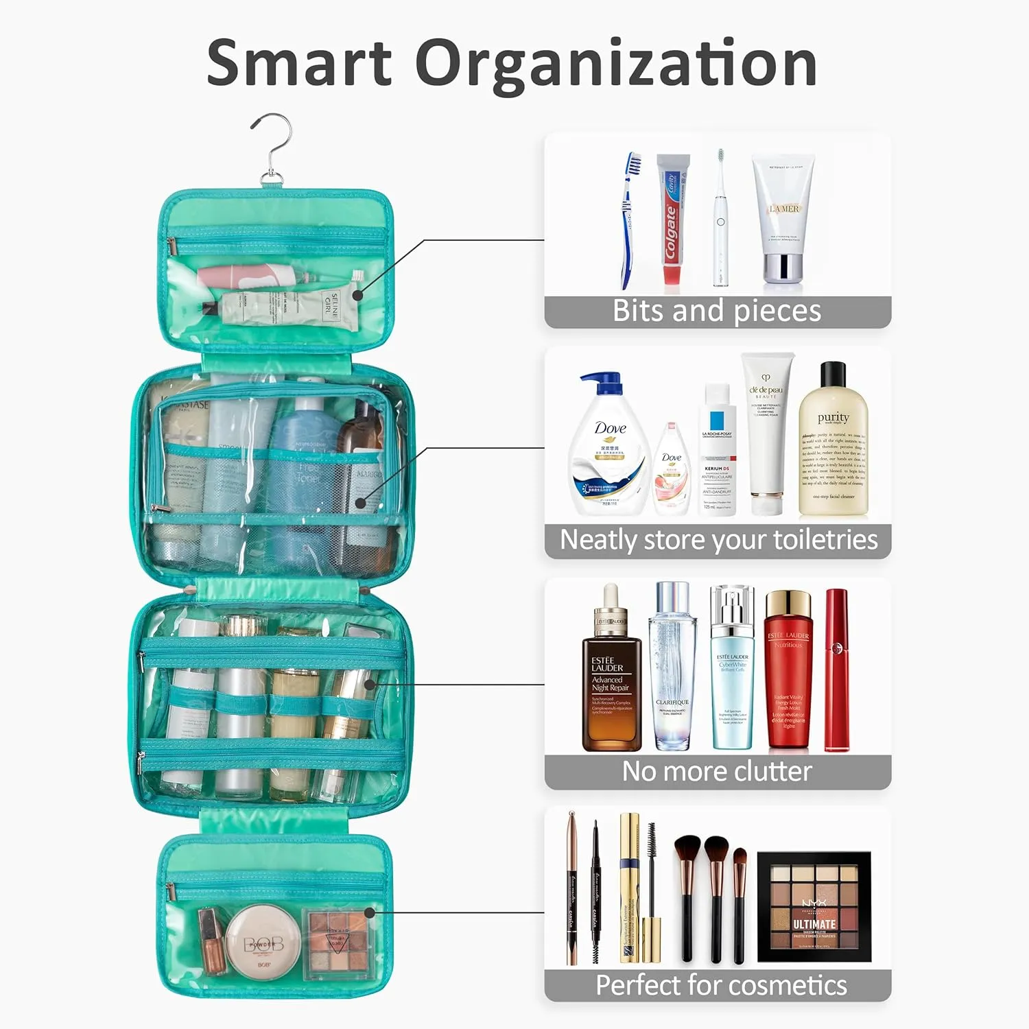 HBlife Travel Toiletry Bag with Jewelry Organizer for Women, Puffy Hanging Travel Bag for Toiletries with Trolley Belt, Waterproof Makeup Cosmetic Bag Organizer, Travel Accessories Essentials(Teal, M)