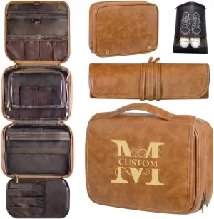 HDSD Custom 3-in-1 PU Leather Toiletry Bag For Men Personalized Hanging Travel Organizer Bag for Father Husband Boyfriend (Yellowish brown)