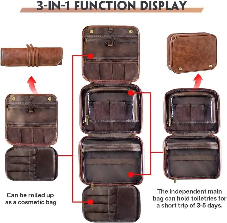 HDSD Custom 3-in-1 PU Leather Toiletry Bag For Men Personalized Hanging Travel Organizer Bag for Father Husband Boyfriend (Yellowish brown)