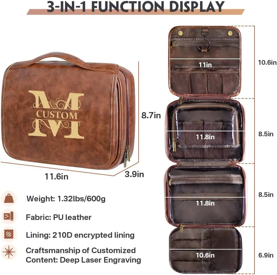 HDSD Custom 3-in-1 PU Leather Toiletry Bag For Men Personalized Hanging Travel Organizer Bag for Father Husband Boyfriend (Yellowish brown)