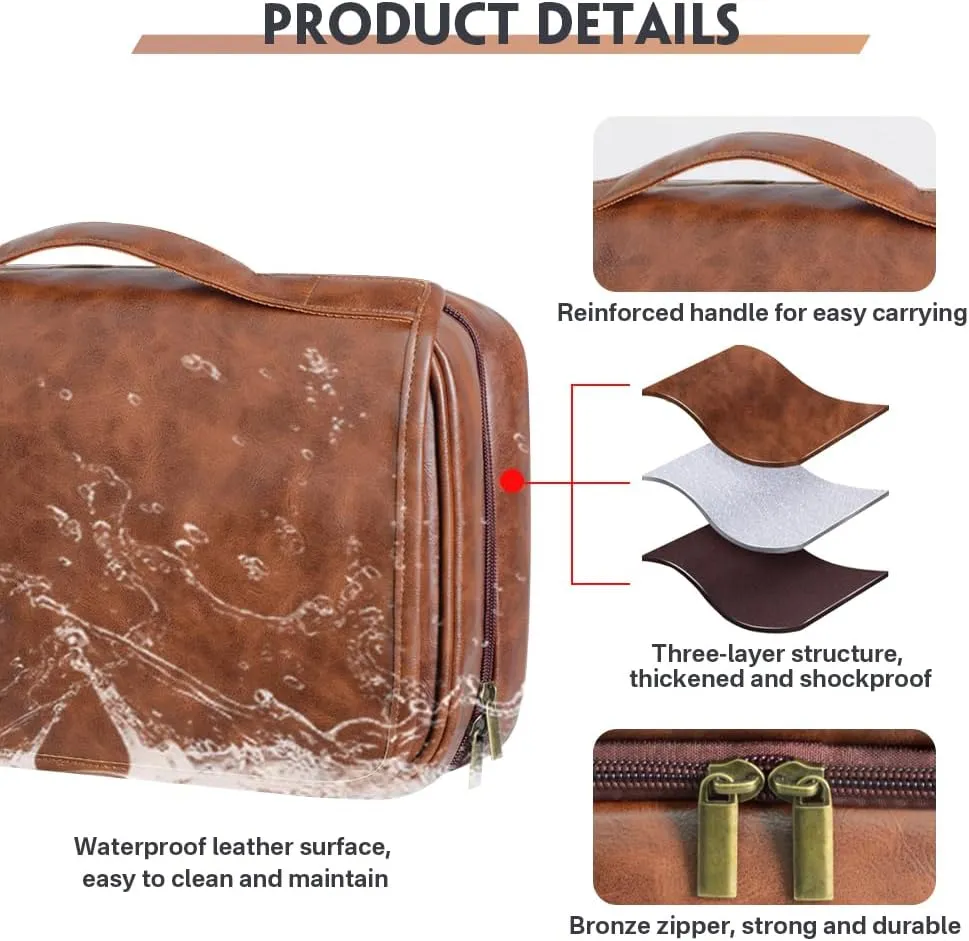 HDSD Custom 3-in-1 PU Leather Toiletry Bag For Men Personalized Hanging Travel Organizer Bag for Father Husband Boyfriend (Yellowish brown)