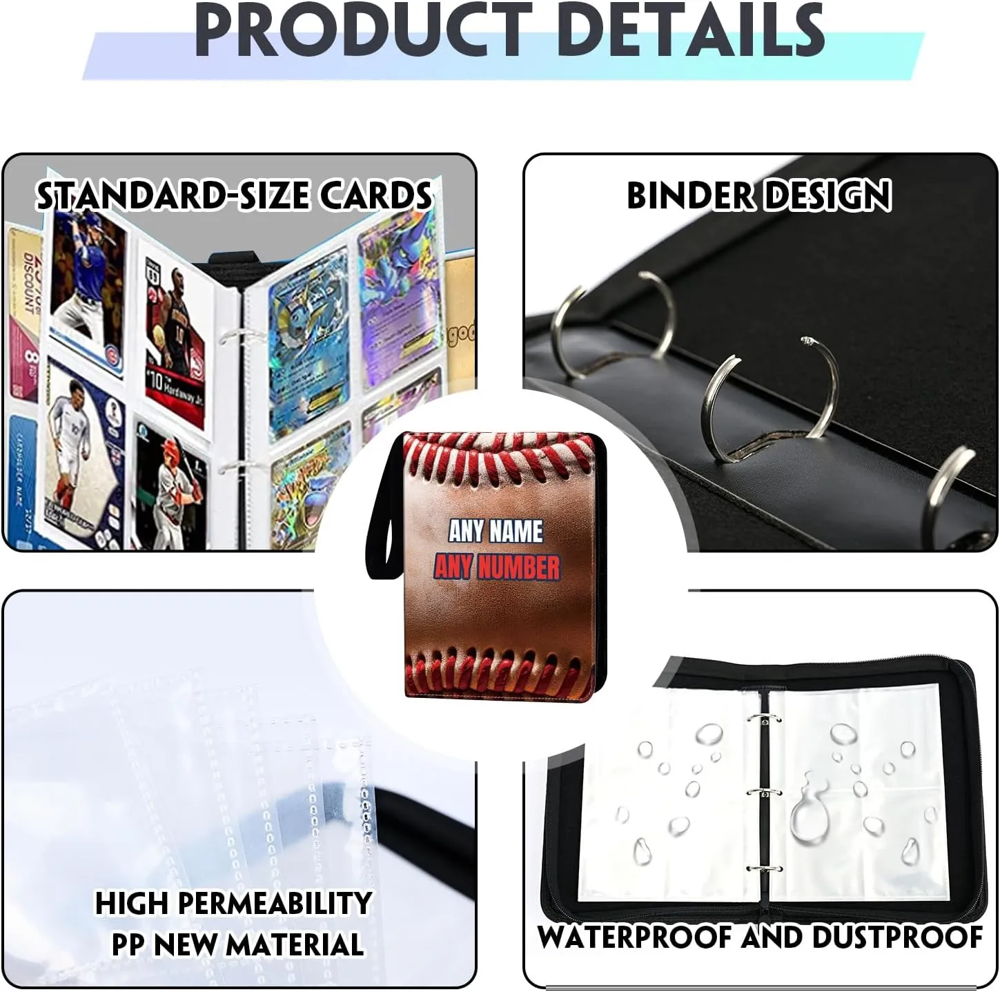 HDSD Custom Baseball Card Binders Up to 900 Pockets - Sports Trading Cards Holder with 50 Sleeves - Personalize Your Name Number Text for Baseball Collectors Boys Girls Gift