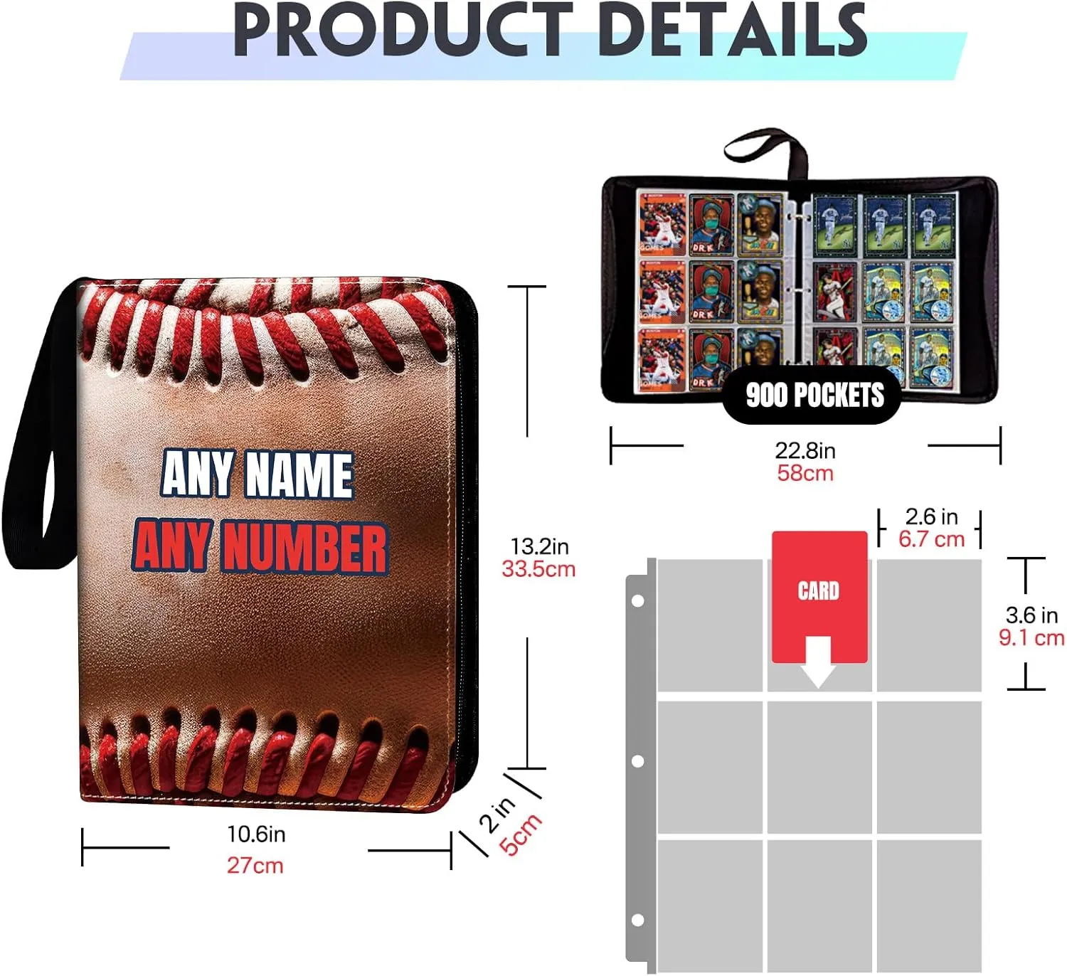 HDSD Custom Baseball Card Binders Up to 900 Pockets - Sports Trading Cards Holder with 50 Sleeves - Personalize Your Name Number Text for Baseball Collectors Boys Girls Gift