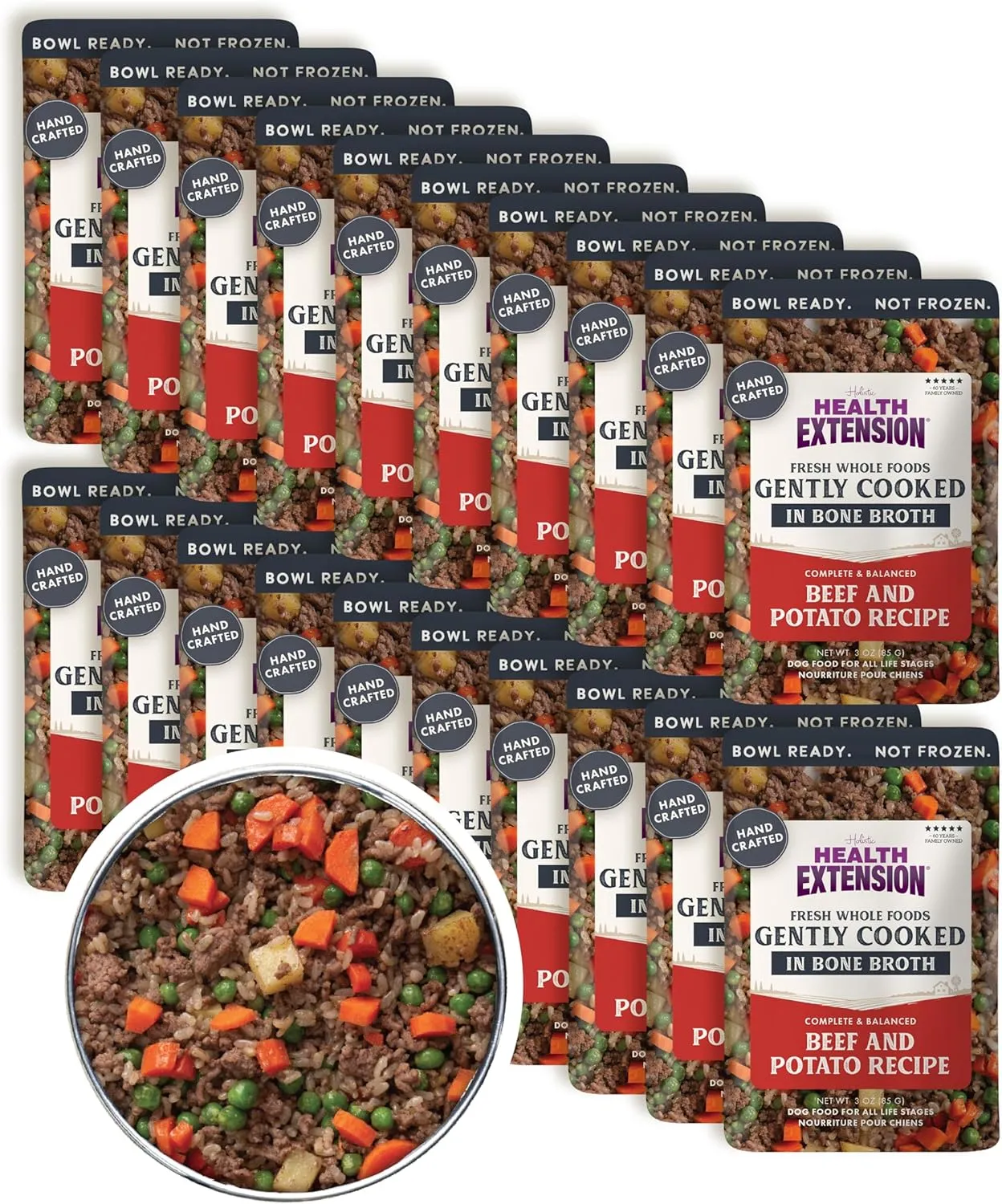 Health Extension Gently Cooked Beef & Potato Dog Food, (3 oz, 85 g) – Bowl Ready with Bone Broth, Omega-3s & Superfoods for All Life Stages (Case of 20 Pouches)
