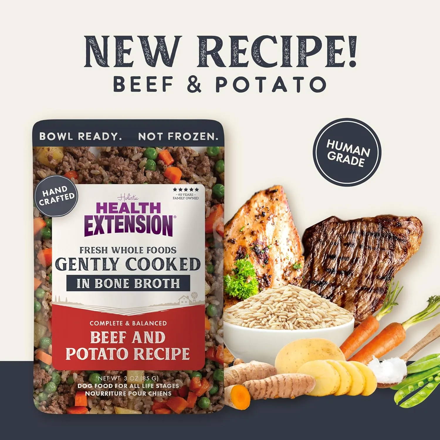 Health Extension Gently Cooked Beef & Potato Dog Food, (3 oz, 85 g) – Bowl Ready with Bone Broth, Omega-3s & Superfoods for All Life Stages (Case of 20 Pouches)