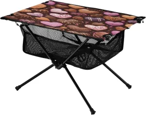 Hearts Biscuits Brown Portable Folding Camping Table, Compact Lightweight Beach Table with Carrying Bag for Outdoor Picnics, BBQs, Camp