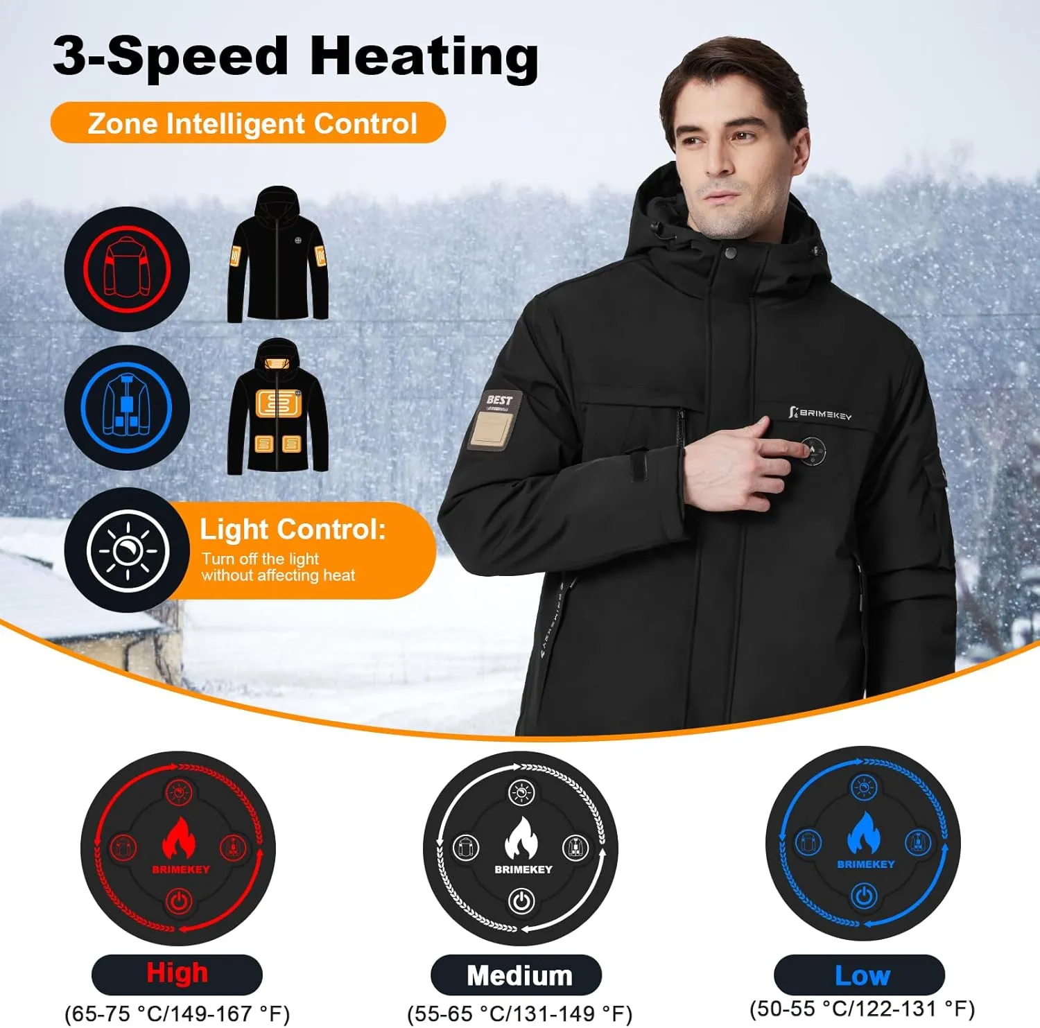 Heated Jacket for Men with Fleece Lining 12000mAh Battery Pack Windproof Waterproof Mens Heated Coat Skiing Hunting