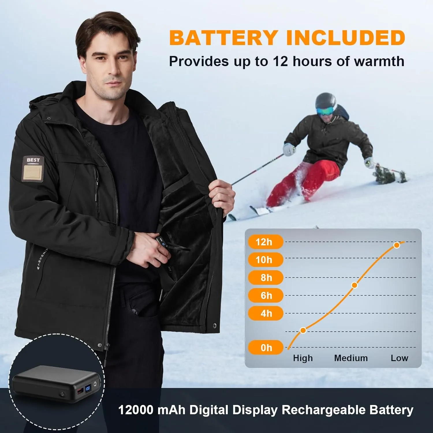 Heated Jacket for Men with Fleece Lining 12000mAh Battery Pack Windproof Waterproof Mens Heated Coat Skiing Hunting
