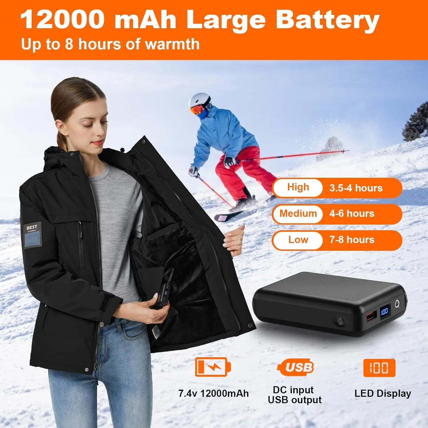 Heated Jacket for Women with Fleece Lining 12000mAh Battery Windproof Waterproof Women's Heated Coat Skiing Hunting