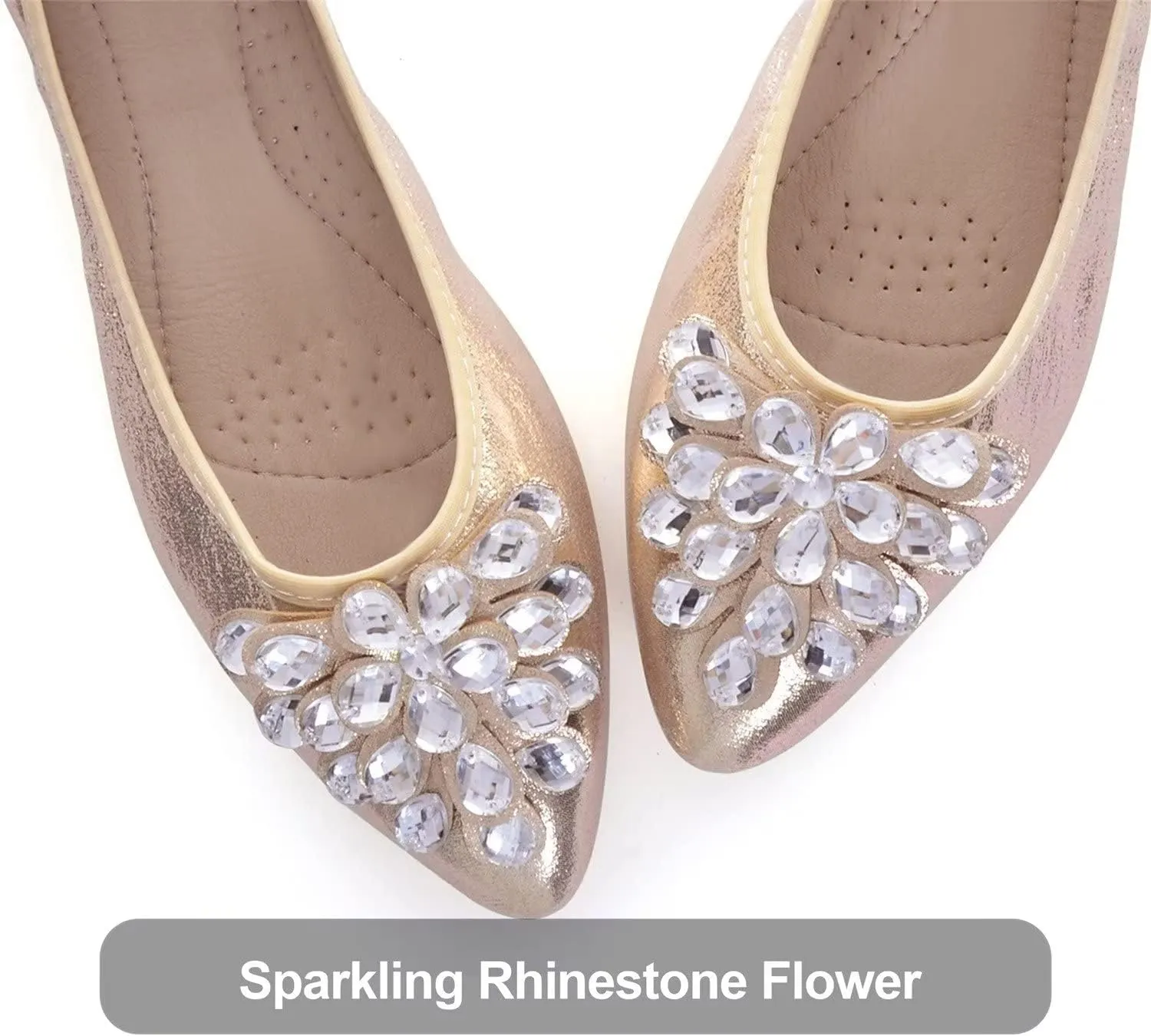 Hee grand Women Foldable Ballet Flats Bling Rhinestones Soft Leather Pointy Toe Flats Sparkle Wedding Dress Shoes Comfort Slip on Loafers Big Size