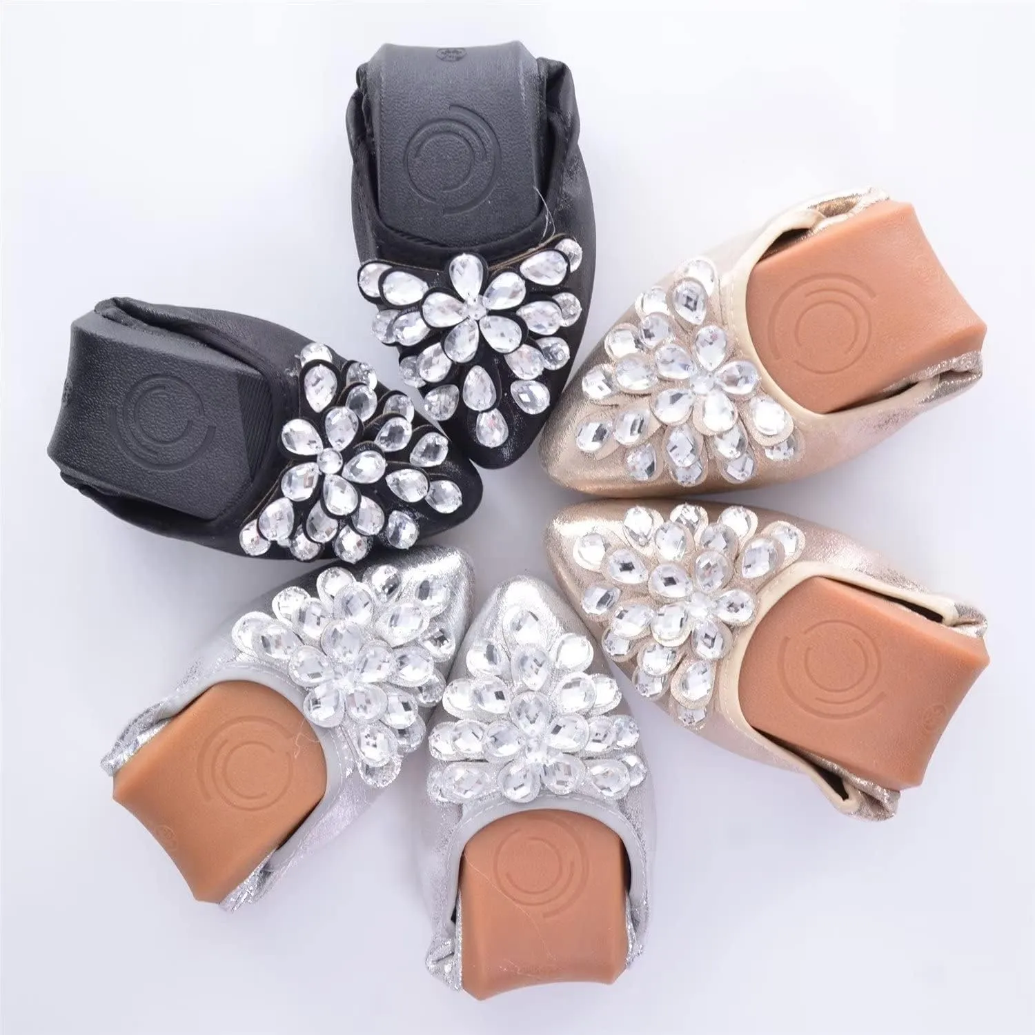 Hee grand Women Foldable Ballet Flats Bling Rhinestones Soft Leather Pointy Toe Flats Sparkle Wedding Dress Shoes Comfort Slip on Loafers Big Size