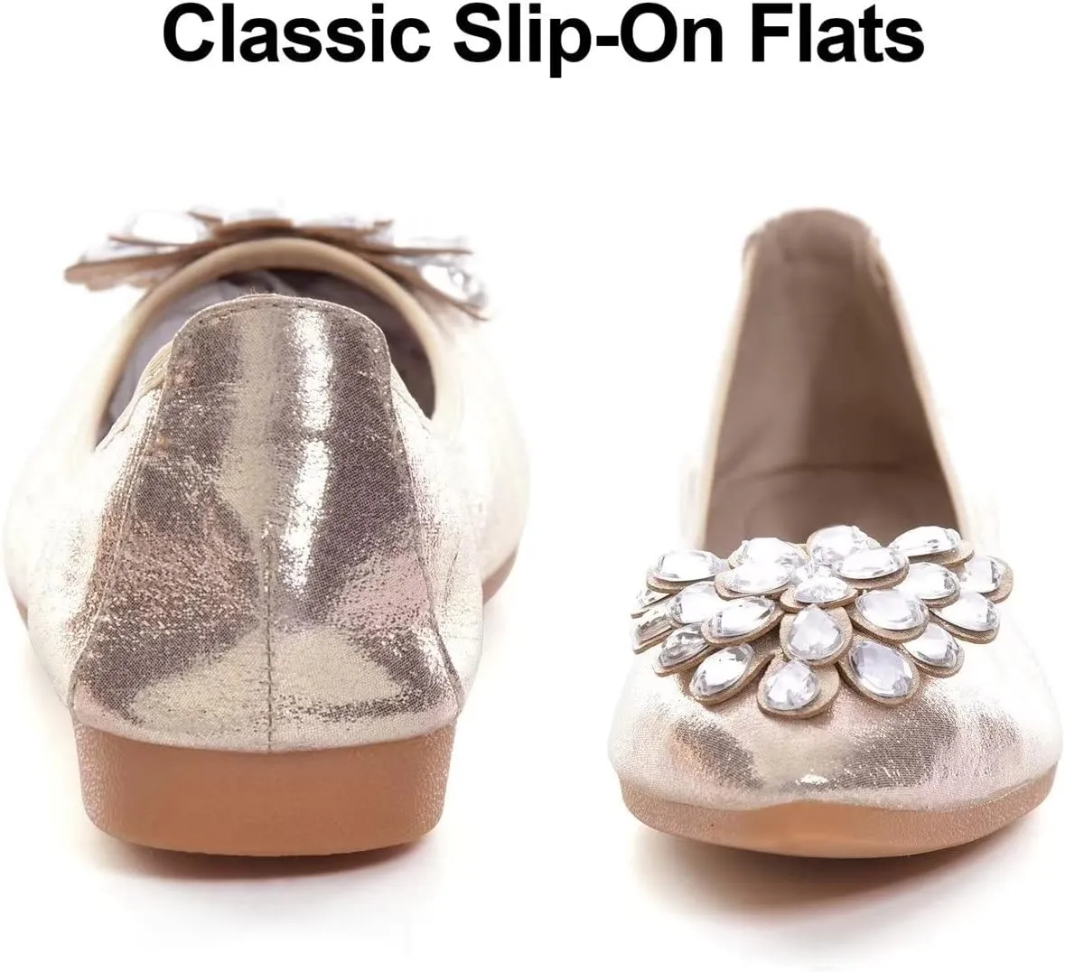 Hee grand Women Foldable Ballet Flats Bling Rhinestones Soft Leather Pointy Toe Flats Sparkle Wedding Dress Shoes Comfort Slip on Loafers Big Size