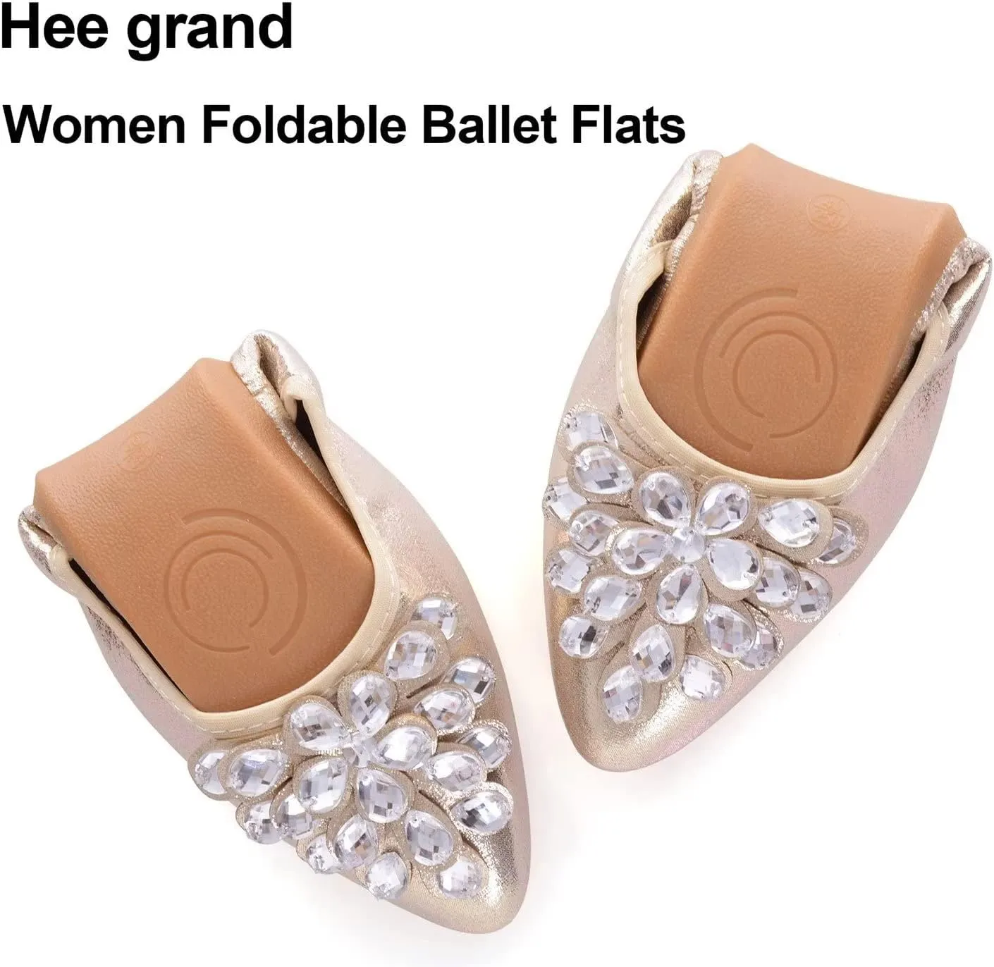 Hee grand Women Foldable Ballet Flats Bling Rhinestones Soft Leather Pointy Toe Flats Sparkle Wedding Dress Shoes Comfort Slip on Loafers Big Size
