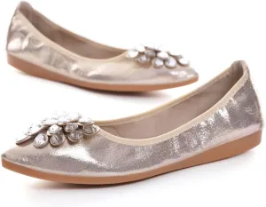Hee grand Women Foldable Ballet Flats Bling Rhinestones Soft Leather Pointy Toe Flats Sparkle Wedding Dress Shoes Comfort Slip on Loafers Big Size