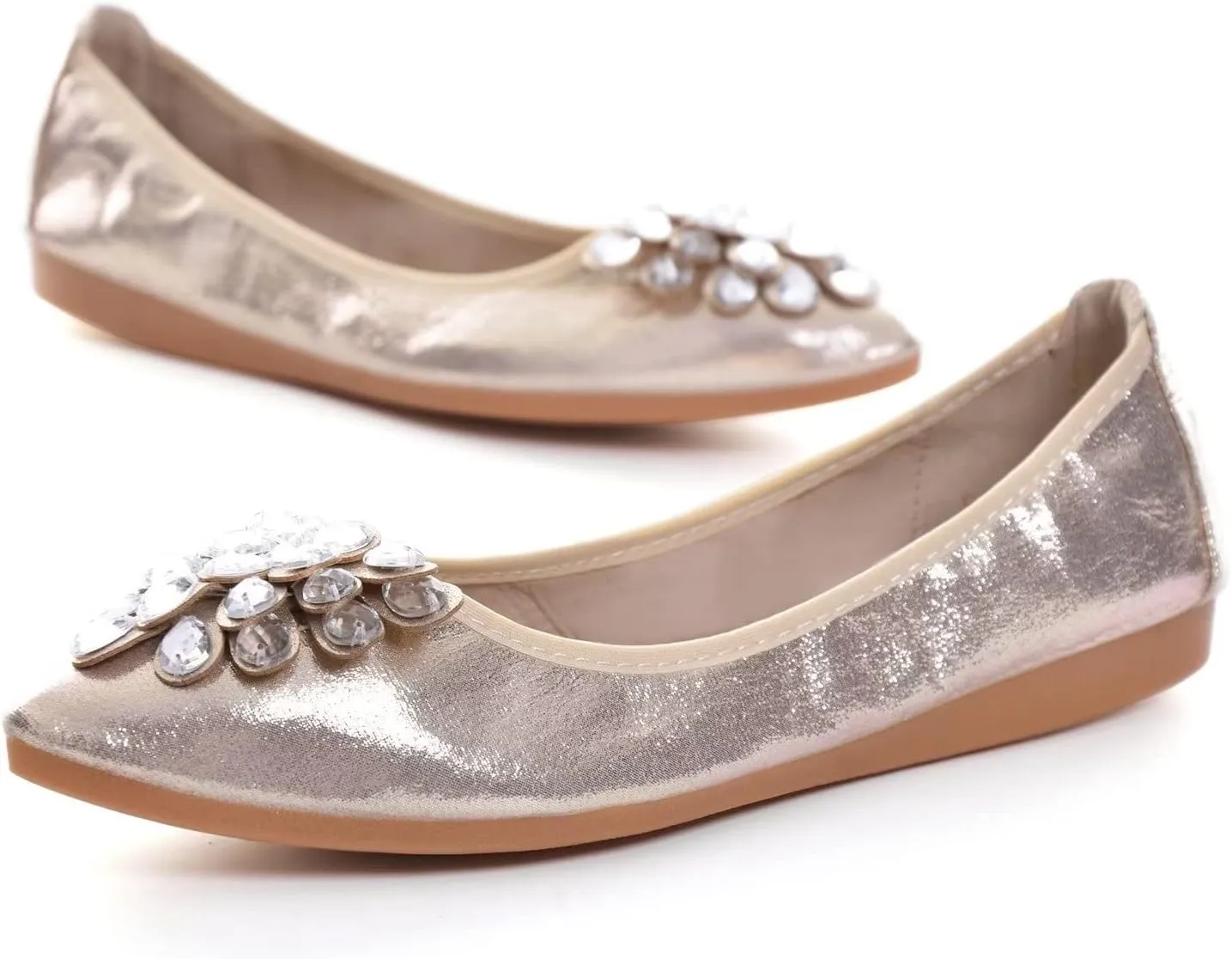 Hee grand Women Foldable Ballet Flats Bling Rhinestones Soft Leather Pointy Toe Flats Sparkle Wedding Dress Shoes Comfort Slip on Loafers Big Size