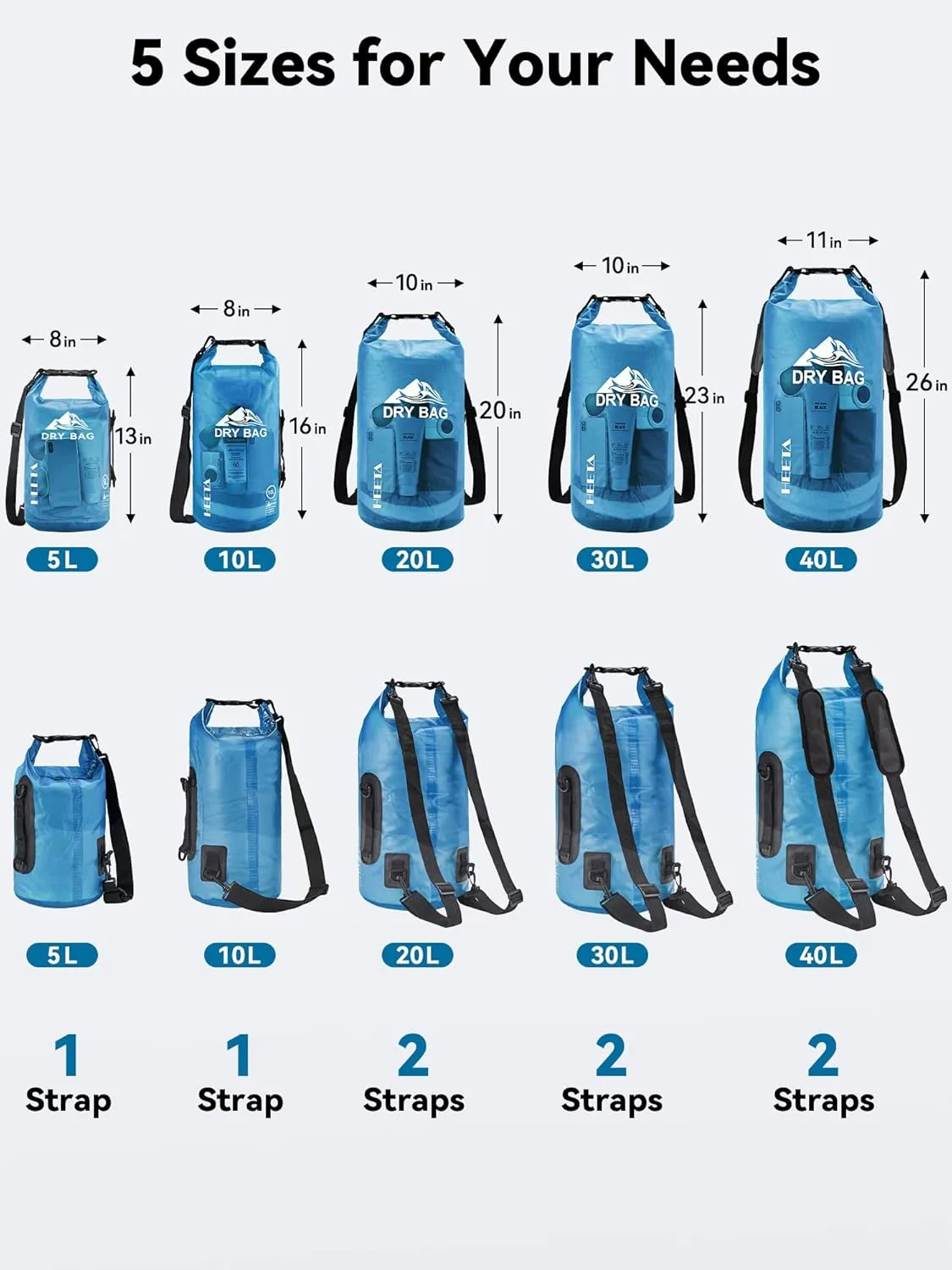 HEETA Dry Bag Waterproof for Women Men, 5L/10L/20L/30L/40L Roll Top Lightweight Dry Storage Bag Backpack with Phone Case for Travel, Swimming, Boating, Kayaking, Camping & Beach, 11 Transparent Colors