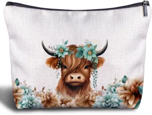 Highland Cow Makeup Bag - Summer Flower Gifts, Cow Cosmetic Bag, Zippered Bag