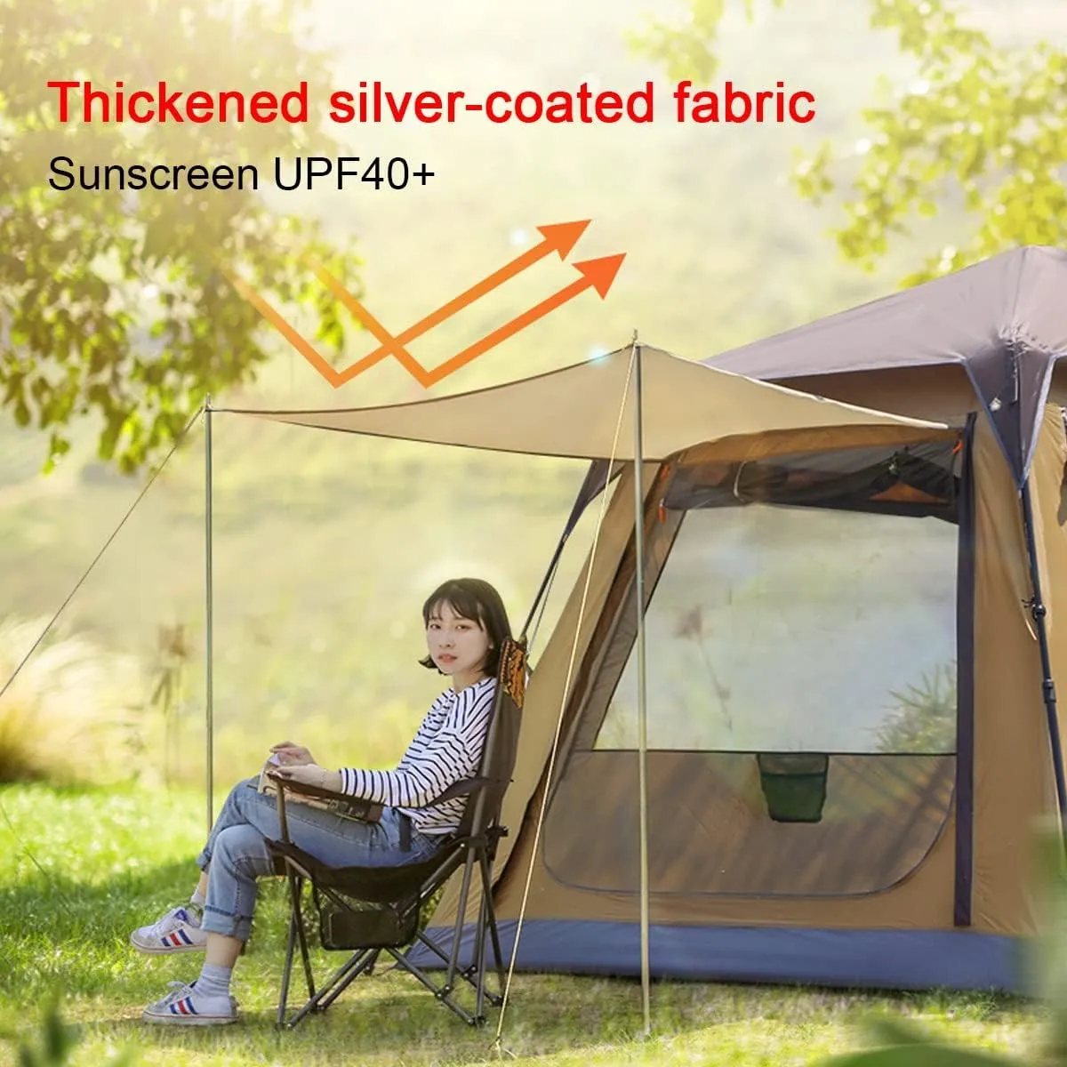 Holiday Tent Camping Tent for Adult Kids 4 Person Family Tent Waterproof, Garden Tent with Hall, Sun Shade, Sun Protection,10 Ground Pegs,6 Rope,2 Poles (Color : Brown)