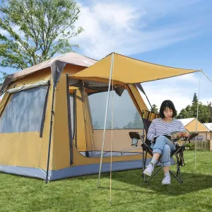 Holiday Tent Camping Tent for Adult Kids 4 Person Family Tent Waterproof, Garden Tent with Hall, Sun Shade, Sun Protection,10 Ground Pegs,6 Rope,2 Poles (Color : Brown)