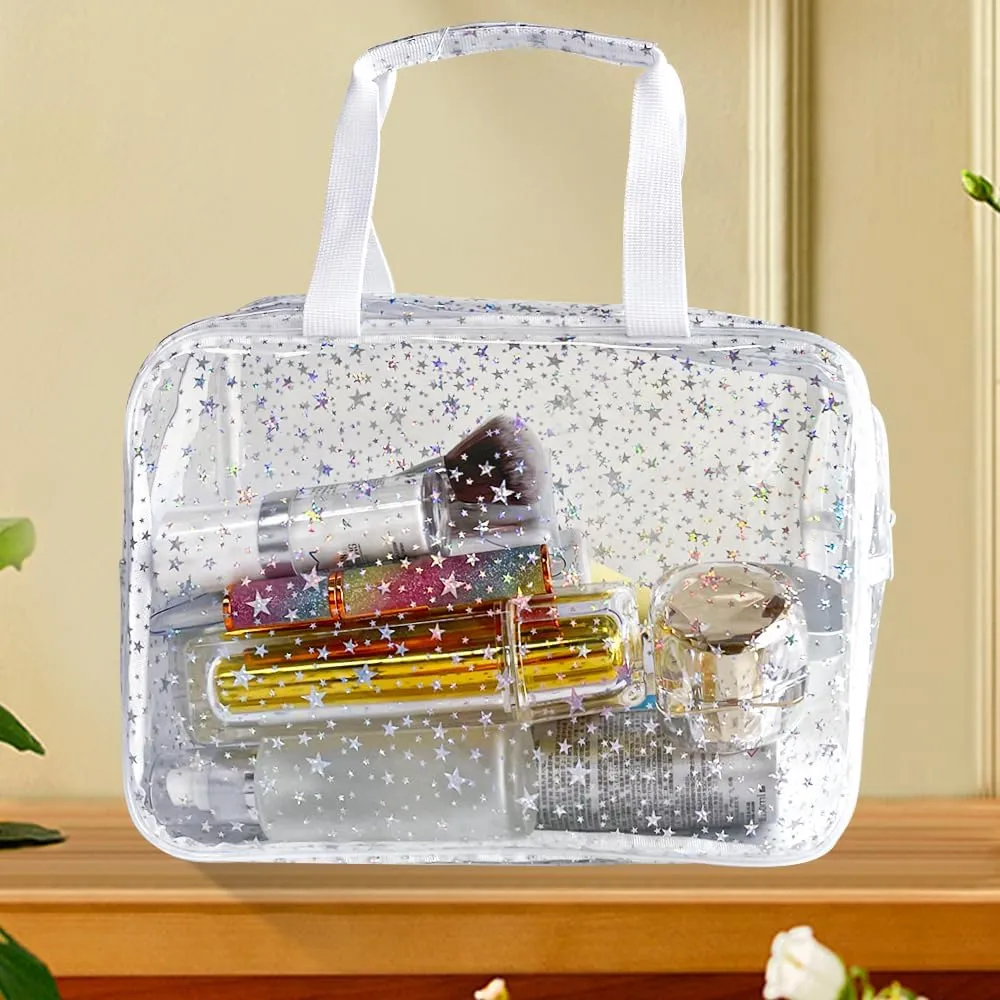 Holographic Star Transparent PVC Cosmetic Bag Clear Makeup Toiletry Carry Pouch Clear Travel Pouch Storage Bag for Vacation Bathroom and Organizing