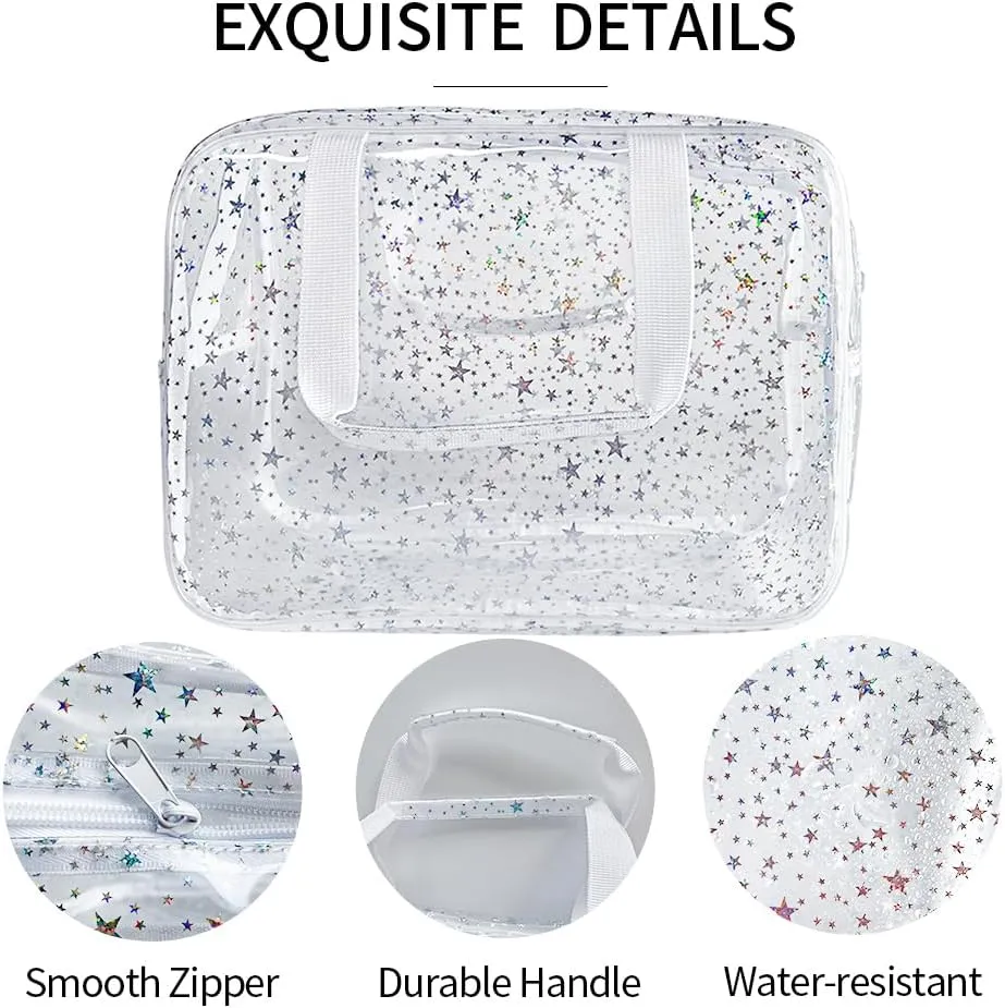 Holographic Star Transparent PVC Cosmetic Bag Clear Makeup Toiletry Carry Pouch Clear Travel Pouch Storage Bag for Vacation Bathroom and Organizing