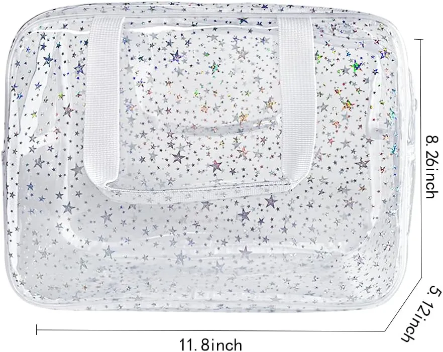 Holographic Star Transparent PVC Cosmetic Bag Clear Makeup Toiletry Carry Pouch Clear Travel Pouch Storage Bag for Vacation Bathroom and Organizing