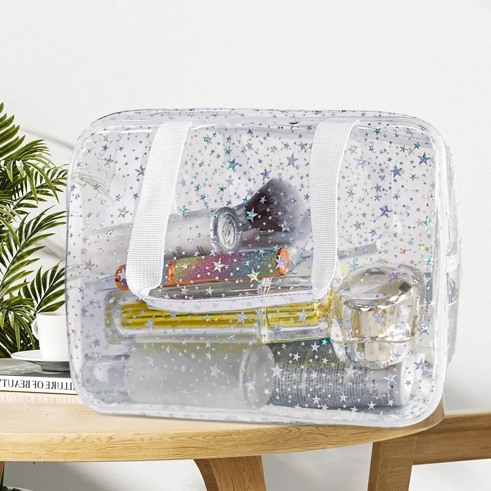 Holographic Star Transparent PVC Cosmetic Bag Clear Makeup Toiletry Carry Pouch Clear Travel Pouch Storage Bag for Vacation Bathroom and Organizing