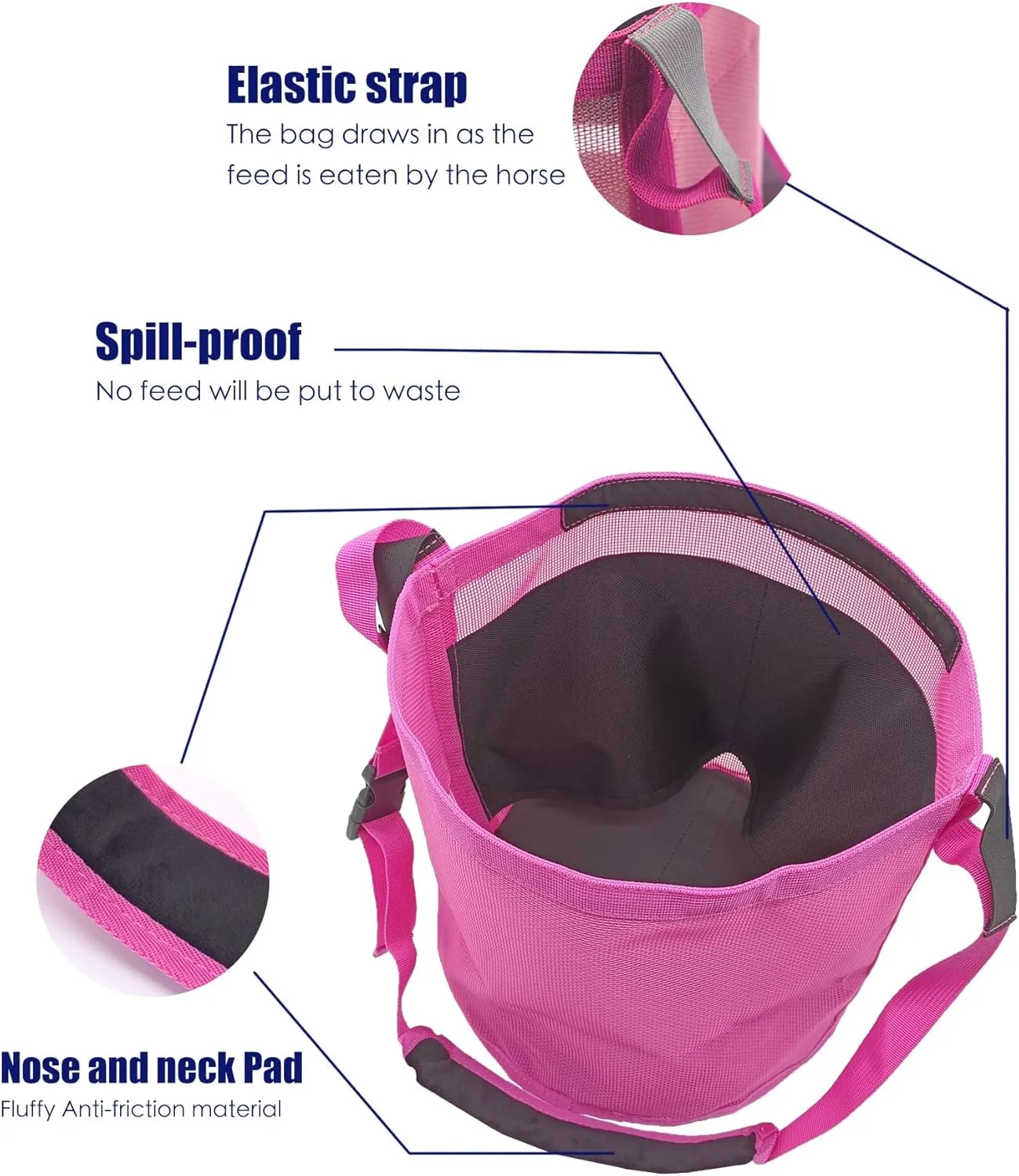 Horse Feed Bag for Grain - Heavy Duty Mesh Horse Feeder with Adjustable Strap,Comfort Neck Pad,Nose Pad and Waterproof Bottom Horse Muzzle Feed Bag(Medium,Pink)