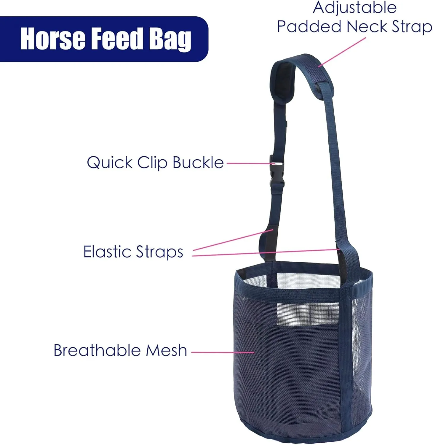 Horse Feed Bag for Grain - Heavy Duty Mesh Horse Feeder with Adjustable Strap,Comfort Neck Pad,Nose Pad and Waterproof Bottom Horse Muzzle Feed Bag(Medium,Pink)