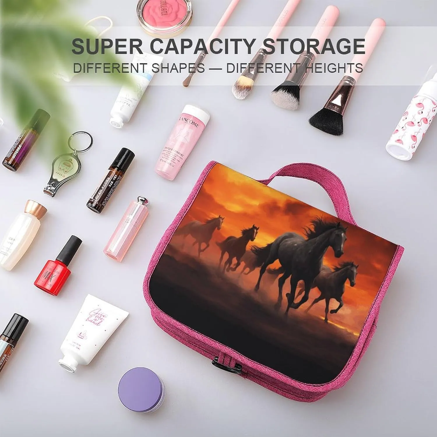 Horses Red Glowing Clouds Travel Toiletry Bag for Women,Hanging Toiletry Organizer with Hook, Makeup Bag Travel Organizer for Shampoo,Toiletriesl