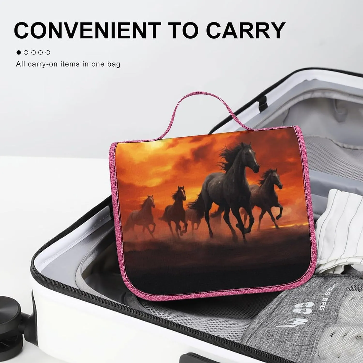 Horses Red Glowing Clouds Travel Toiletry Bag for Women,Hanging Toiletry Organizer with Hook, Makeup Bag Travel Organizer for Shampoo,Toiletriesl