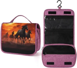 Horses Red Glowing Clouds Travel Toiletry Bag for Women,Hanging Toiletry Organizer with Hook, Makeup Bag Travel Organizer for Shampoo,Toiletriesl