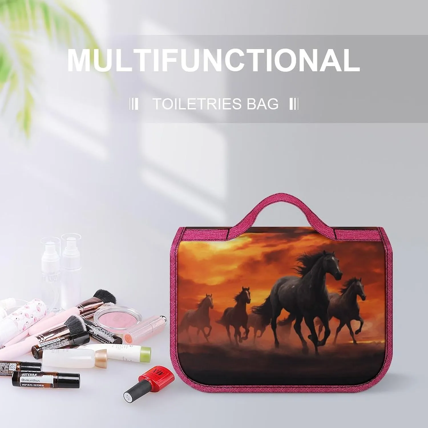 Horses Red Glowing Clouds Travel Toiletry Bag for Women,Hanging Toiletry Organizer with Hook, Makeup Bag Travel Organizer for Shampoo,Toiletriesl
