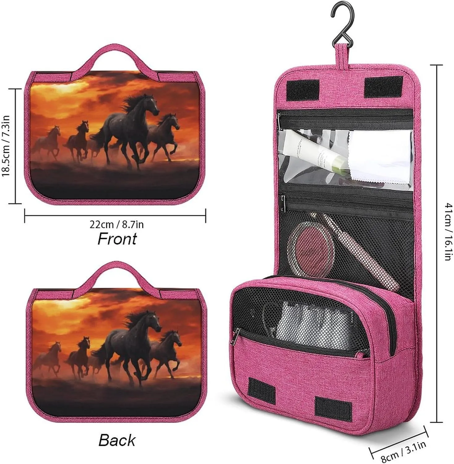 Horses Red Glowing Clouds Travel Toiletry Bag for Women,Hanging Toiletry Organizer with Hook, Makeup Bag Travel Organizer for Shampoo,Toiletriesl