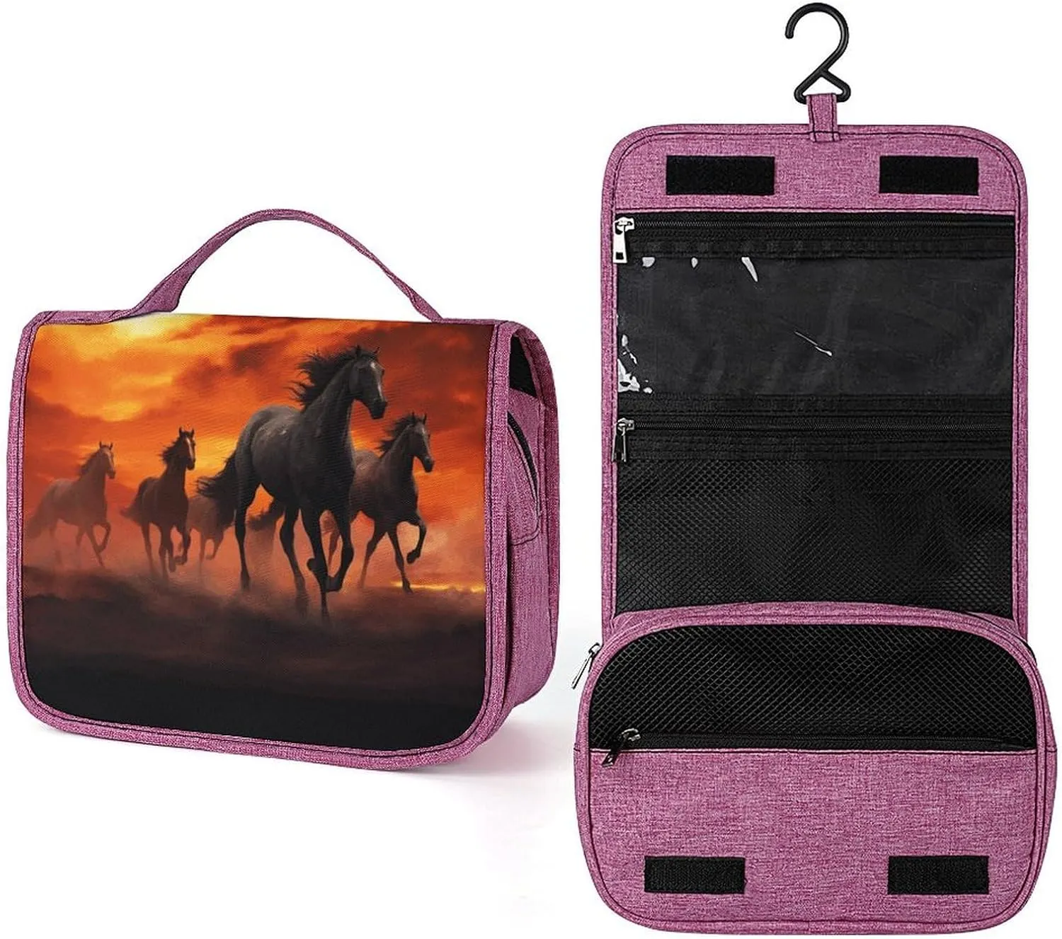 Horses Red Glowing Clouds Travel Toiletry Bag for Women,Hanging Toiletry Organizer with Hook, Makeup Bag Travel Organizer for Shampoo,Toiletriesl