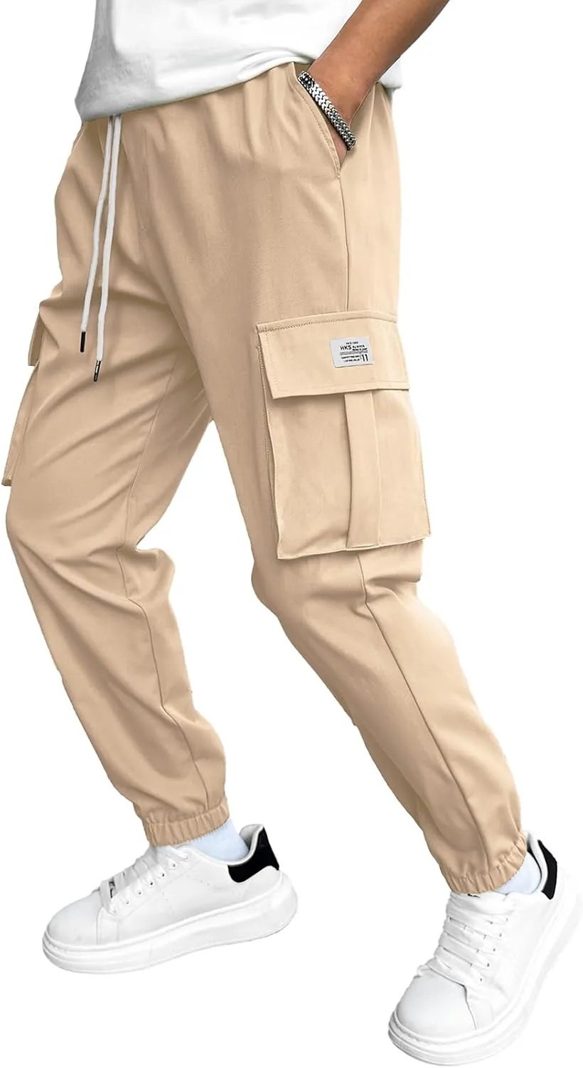 HOTake Men's Casual Cargo Pants Elastic Waist Drawstring Tapered Pants for Men Joggers Hiking Pants with Multi Pockets