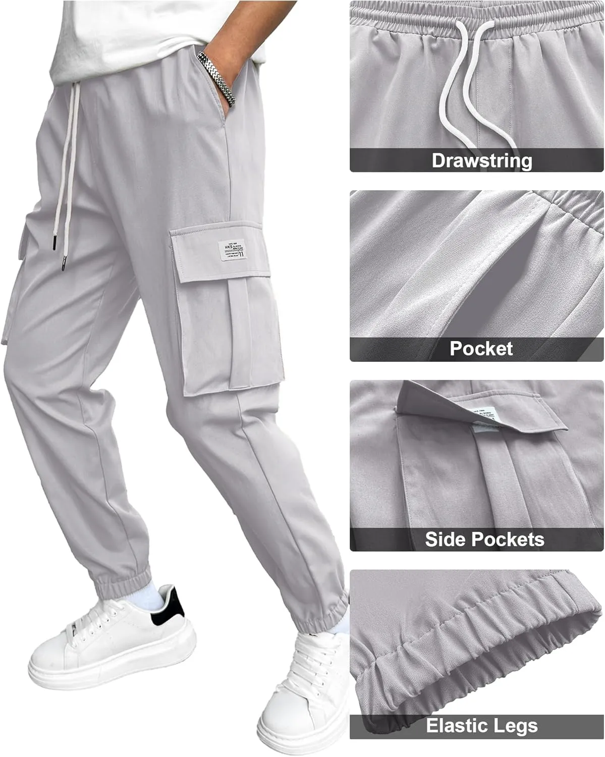 HOTake Men's Casual Cargo Pants Elastic Waist Drawstring Tapered Pants for Men Joggers Hiking Pants with Multi Pockets