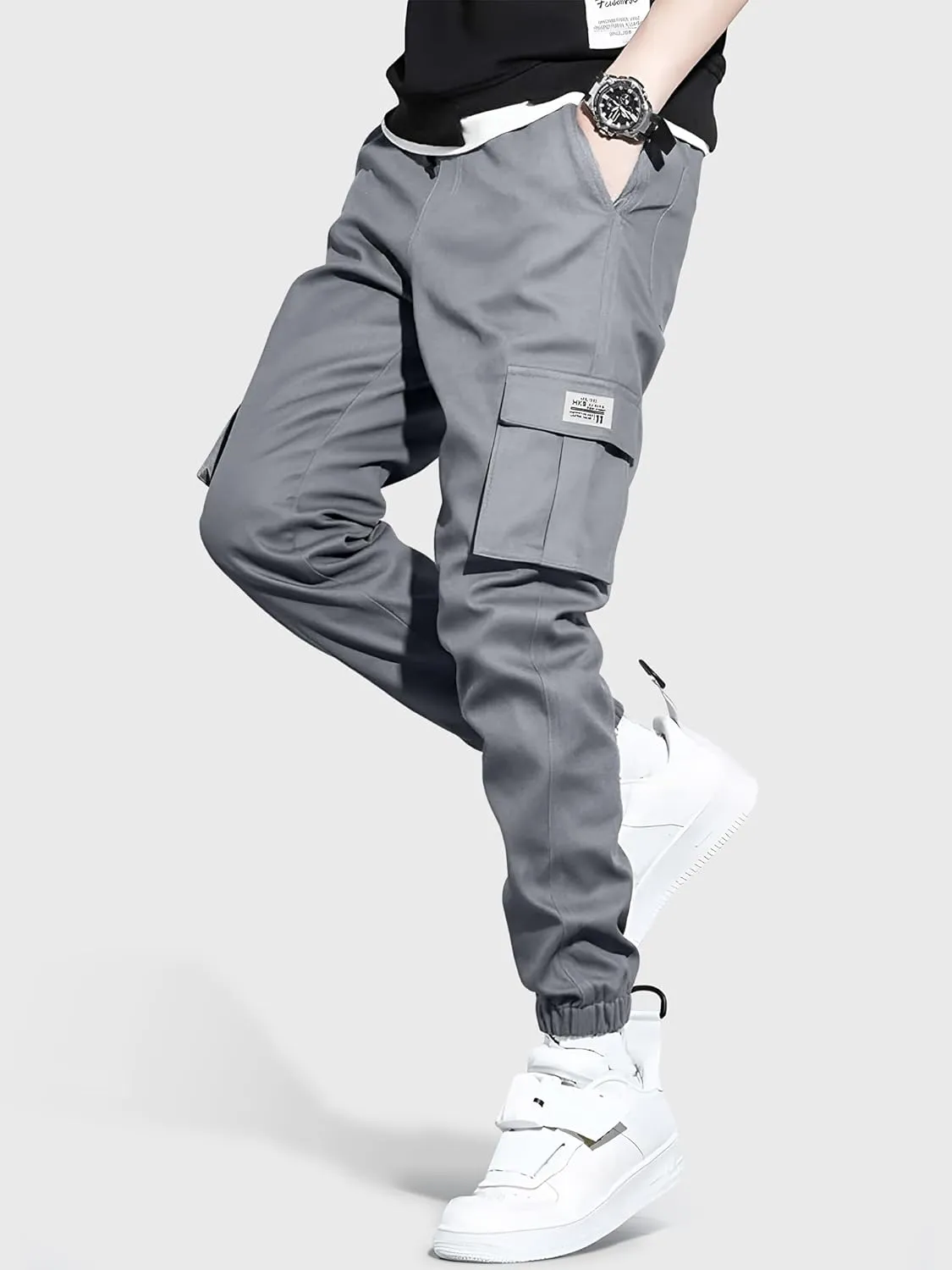 HOTake Men's Casual Cargo Pants Elastic Waist Drawstring Tapered Pants for Men Joggers Hiking Pants with Multi Pockets