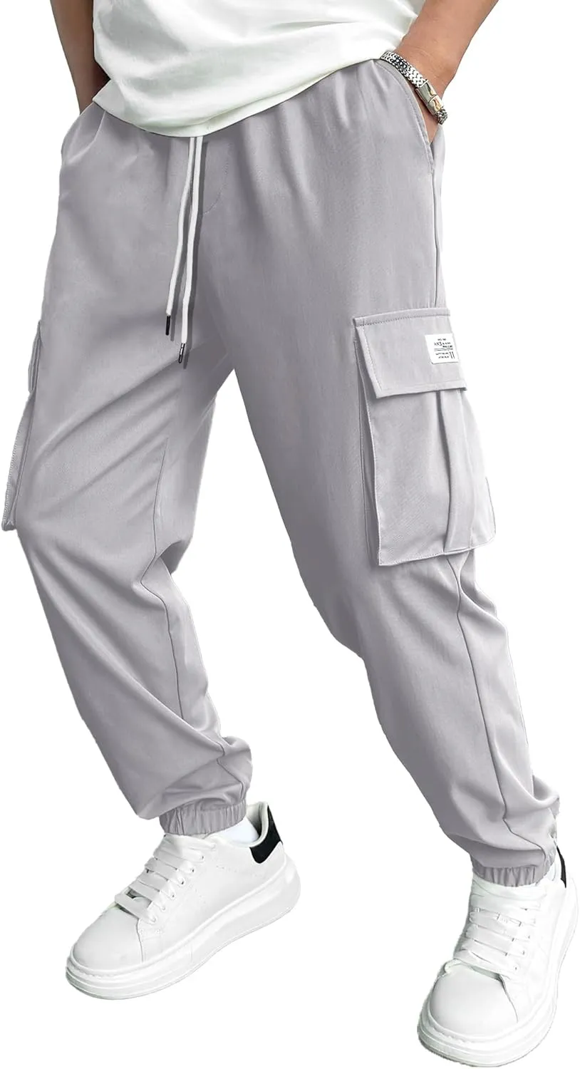HOTake Men's Casual Cargo Pants Elastic Waist Drawstring Tapered Pants for Men Joggers Hiking Pants with Multi Pockets