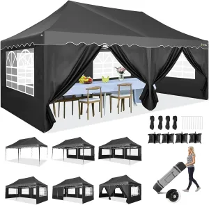 HOTEEL 10x20 Pop Up Canopy,6 Sidewalls & Wheeled Bag & 4 Sandbags, Easy Setup, Waterproof and UV50  Protection, Black