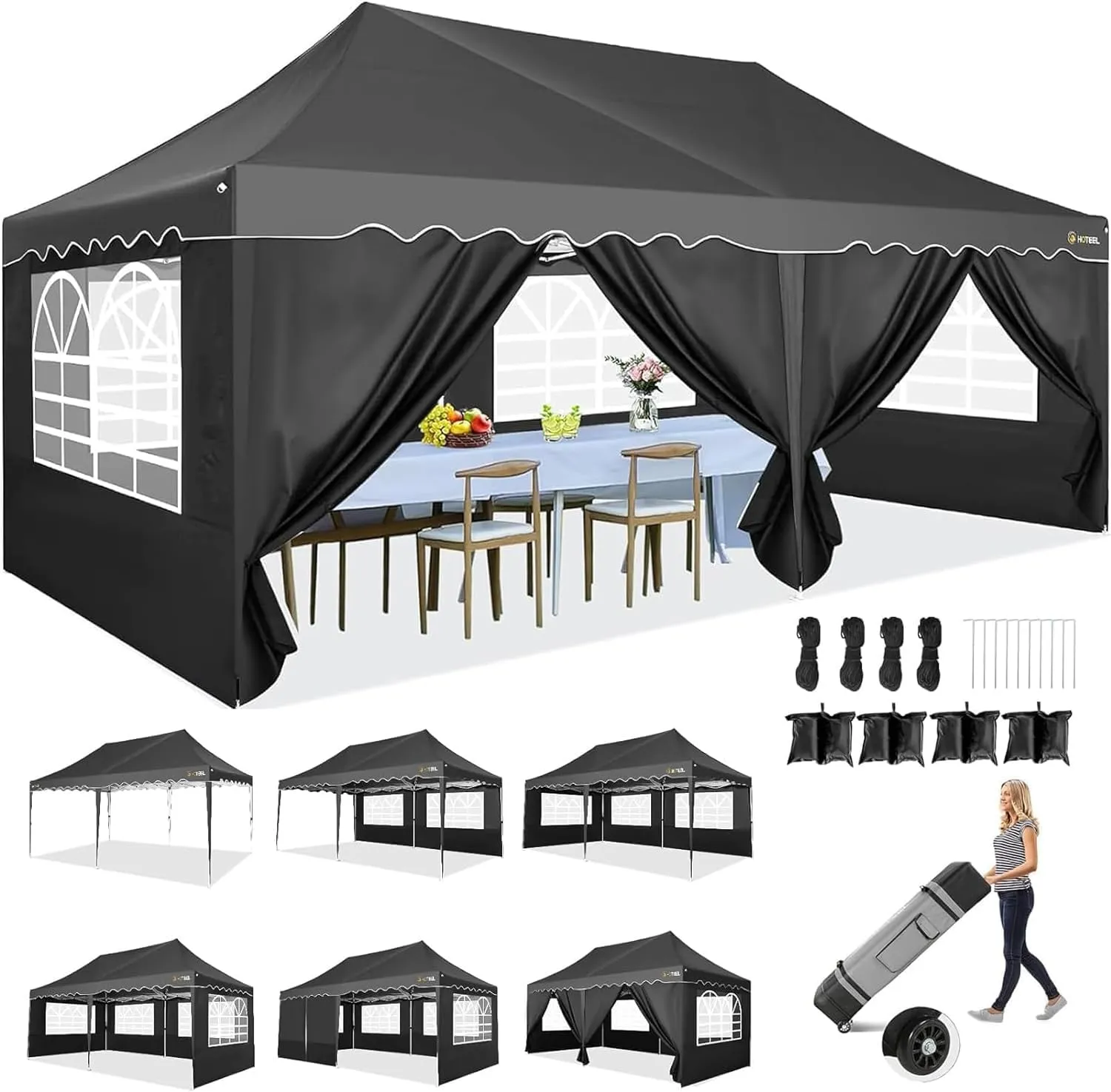 HOTEEL 10x20 Pop Up Canopy,6 Sidewalls & Wheeled Bag & 4 Sandbags, Easy Setup, Waterproof and UV50  Protection, Black