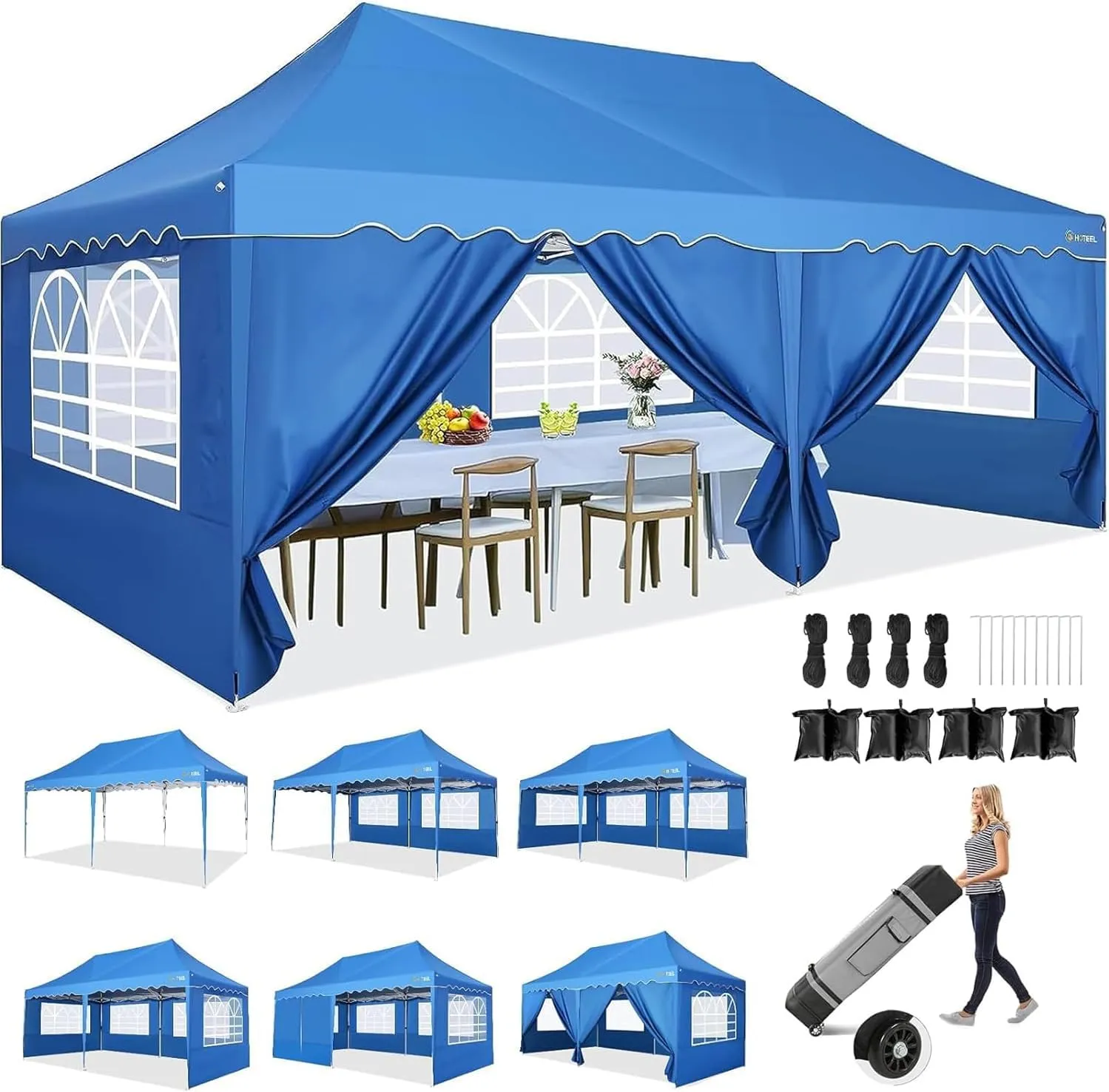 HOTEEL 10x20 Pop Up Canopy,6 Sidewalls & Wheeled Bag & 4 Sandbags, Easy Setup, Waterproof and UV50  Protection, Blue
