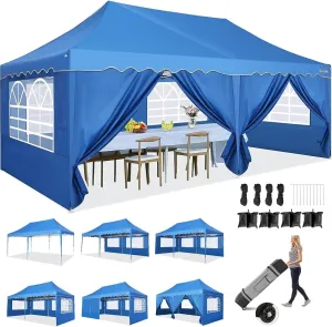 HOTEEL 10x20 Pop Up Canopy,6 Sidewalls & Wheeled Bag & 4 Sandbags, Easy Setup, Waterproof and UV50  Protection, Blue