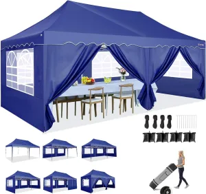 HOTEEL 10x20 Pop Up Canopy,6 Sidewalls & Wheeled Bag & 4 Sandbags, Easy Setup, Waterproof and UV50  Protection, Dark Blue