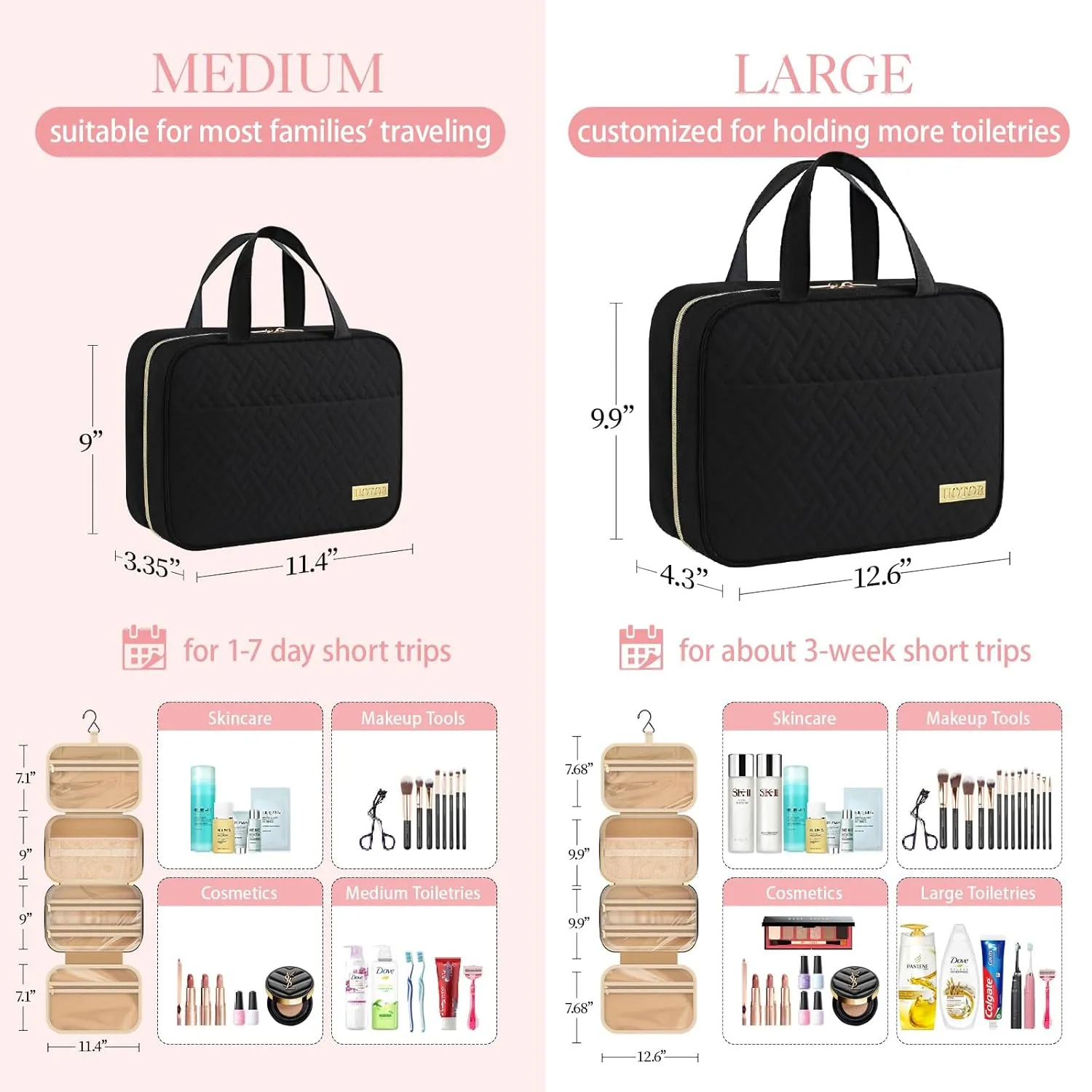 HOTOR Travel Toiletry Bag - Toiletry Bag w/Hanging Hook - Spacious Toiletry Bag for Women & Men, Makeup Bag/Big Comparment, Waterproof for Travel Accessories, Travel Essentials, Large, Black