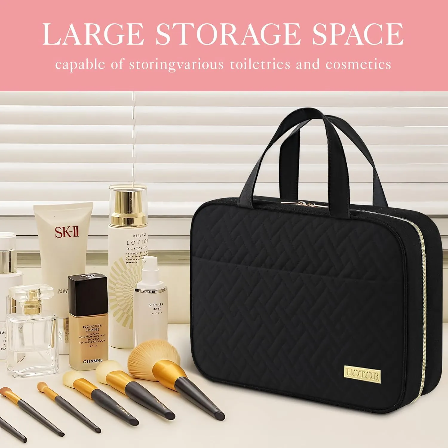 HOTOR Travel Toiletry Bag - Toiletry Bag w/Hanging Hook - Spacious Toiletry Bag for Women & Men, Makeup Bag/Big Comparment, Waterproof for Travel Accessories, Travel Essentials, Large, Black