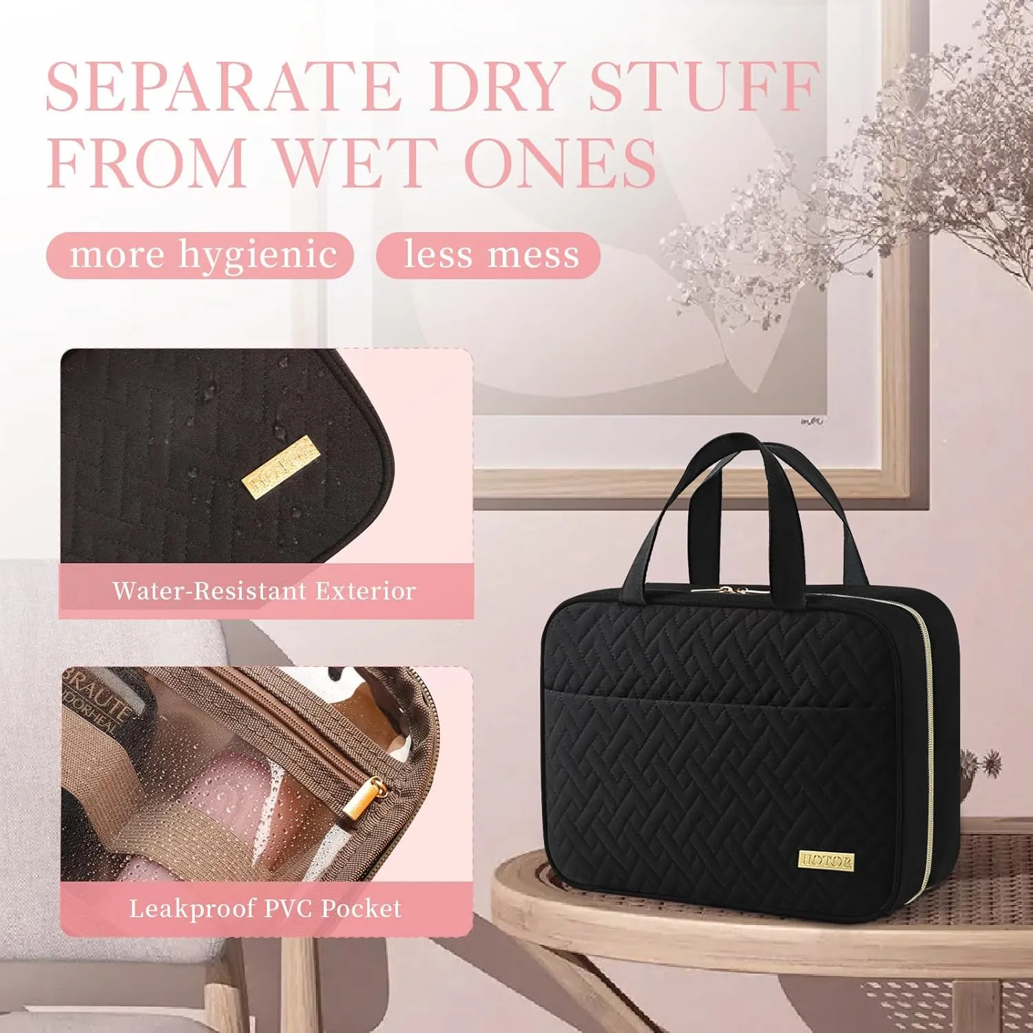 HOTOR Travel Toiletry Bag - Toiletry Bag w/Hanging Hook - Spacious Toiletry Bag for Women & Men, Makeup Bag/Big Comparment, Waterproof for Travel Accessories, Travel Essentials, Large, Black